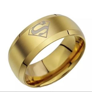 Gold Stainless Steel SUPERMAN Insignia Emblem Stamped Frosted 8mm Band Ring